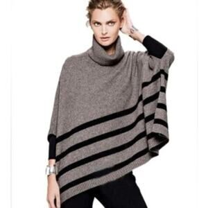 TAHARI Women's M Wool & Yak Poncho Sweater Brown Black Striped Soft Quiet Luxury